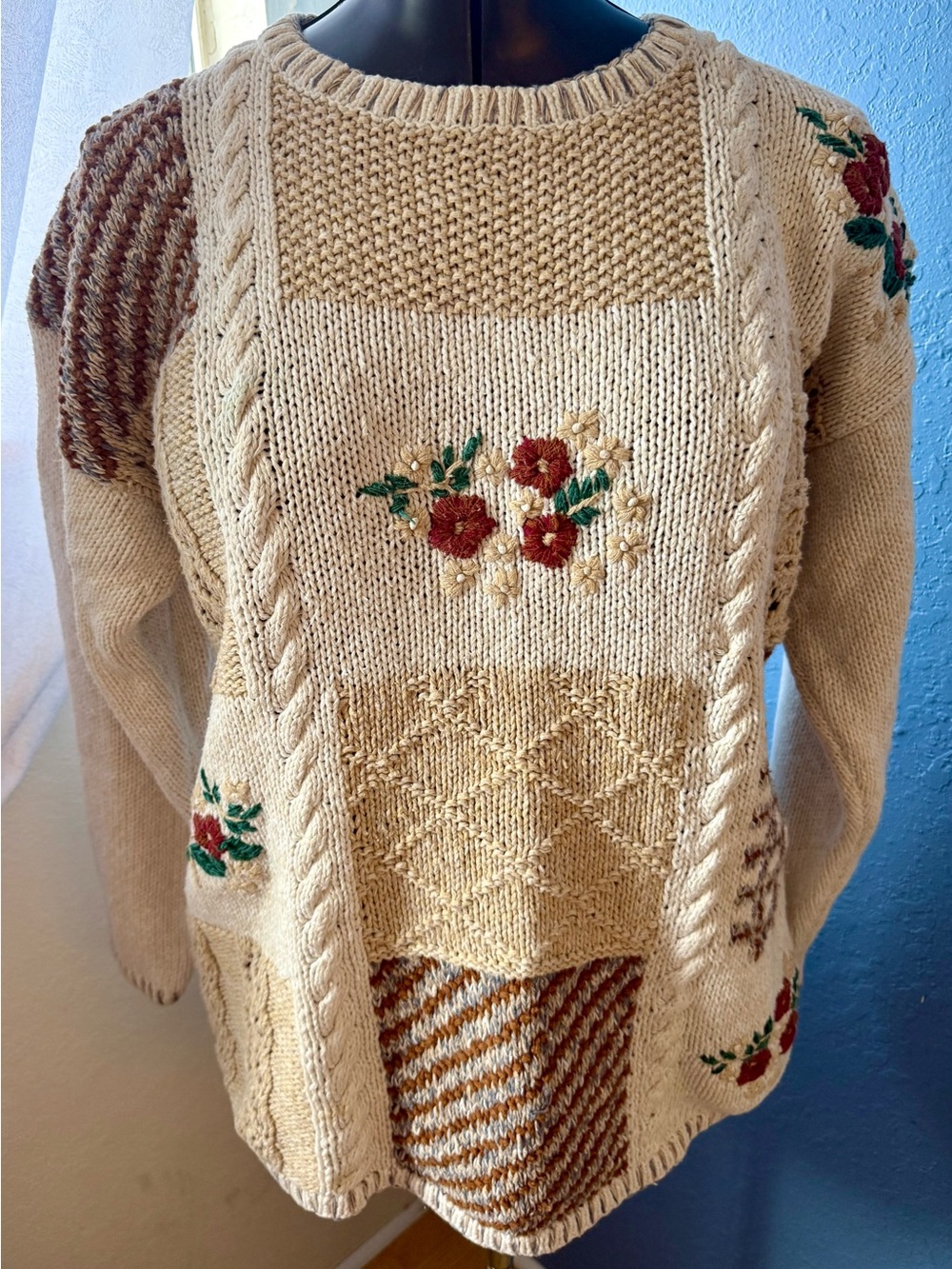 Vintage Exclusive Imports L Ramie Cotton Floral Patchwork Cottagecore Sweater